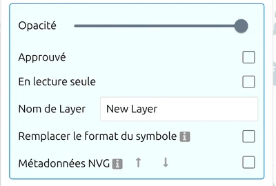 « Métadonnées NVG » en bas du panneau Paramètres d'un calque dans map.army, sous Remplacer le format du symbole