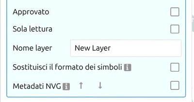 'Metadati NVG' in fondo al pannello Impostazioni di un livello in map.army, sotto Sostituisci il formato dei simboli