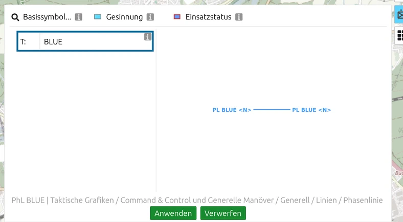 Der map.army Symbol Editor für eine Phasenlinie, das Bezeichnungsfeld 'T:' umrandet und 'BLUE' eingegeben
