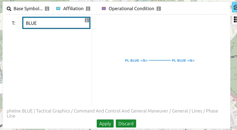 The map.army Symbol Editor for a phase line, with the 'T:' designation field ringed and 'BLUE' entered