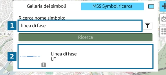 Ricerca simboli MSS in map.army: 'linea di fase' nel campo di ricerca (1) e il risultato 'Linea di fase' (2)