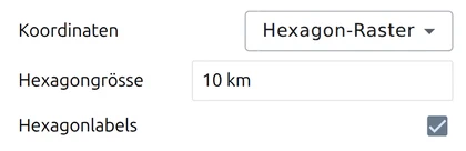 'Koordinatengitter' auf 'Hexagonales Gitter' gesetzt, mit 'Hexagongrösse' und 'Hexagonlabels' in map.army