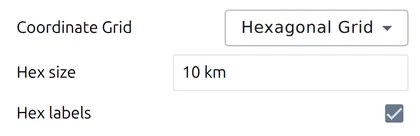 'Coordinate Grid' set to Hexagonal Grid, with its Hex size and Hex labels settings