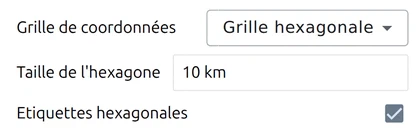 'Grille de coordonnées' sur 'Grille hexagonale', avec « Taille de l'hexagone » et « Étiquettes hexagonales » dans map.army