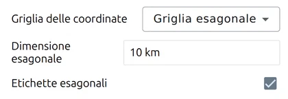 'Griglia delle coordinate' su 'Griglia esagonale', con 'Dimensione esagonale' ed 'Etichette esagonali' in map.army