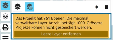 Projektgrenzen-Warnung 'Das Projekt hat 761 Ebenen' im map.army Layer-Manager, mit der Schaltfläche 'Leere Layer entfernen'