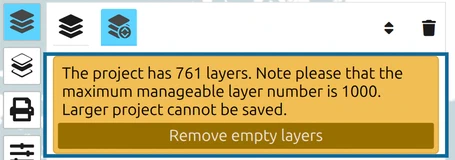 Project-limit warning 'The project has 761 layers' in the map.army Layer-Manager, with the 'Remove empty layers' button