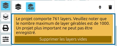Avertissement 'Le projet comporte 761 layers' dans le Layer-Manager de map.army, bouton 'Supprimer les layers vides'