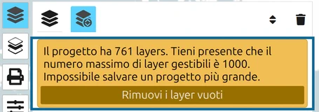 Avviso 'Il progetto ha 761 layers' nel Layer-Manager di map.army, con il pulsante 'Rimuovi i layer vuoti'