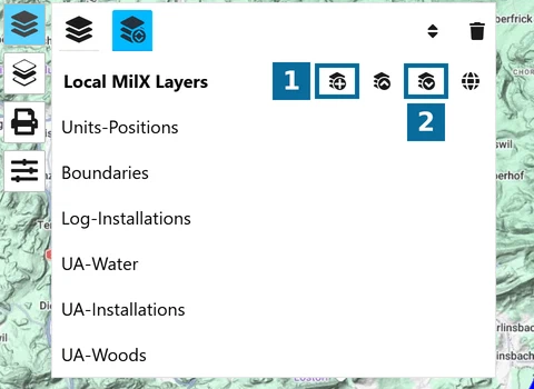 'New MilX Layer' and 'Save as MilX' group actions in the map.army Layer-Manager
