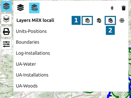 Azioni di gruppo 'Nuovo Layer MilX' e 'Salva livelli' nel gestore dei livelli di map.army