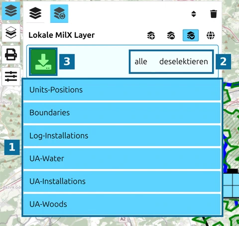 Layer-Auswahl, die Abkürzung 'alle' und die Download-Schaltfläche im map.army-Layer-Manager