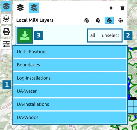 Layer selection, the 'all' shortcut and the download button in the map.army Layer-Manager