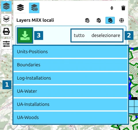 Selezione dei livelli, la scorciatoia 'tutto' e il pulsante di download nel gestore dei livelli di map.army