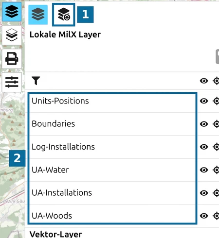 'Layer-Manager öffnen' und die Layer-Liste im map.army-Layer-Menü