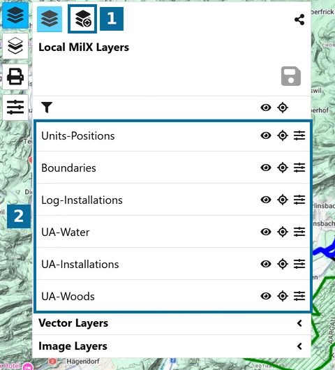 'Open Layer-Manager' and the layer list in the map.army Layers menu