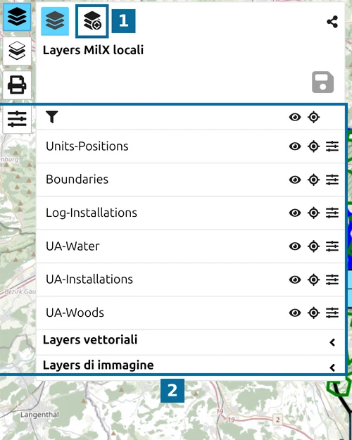 'Aprire il gestore dei layers' e l'elenco dei livelli nel menu Layers di map.army