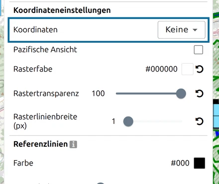 'Koordinatengitter' unter 'Koordinateneinstellungen' im map.army-Optionsbereich hervorgehoben