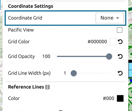 'Coordinate Grid' highlighted under 'Coordinate Settings' in the map.army Options panel