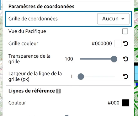 'Grille de coordonnées' mis en évidence sous 'Paramètres de coordonnées' dans Options