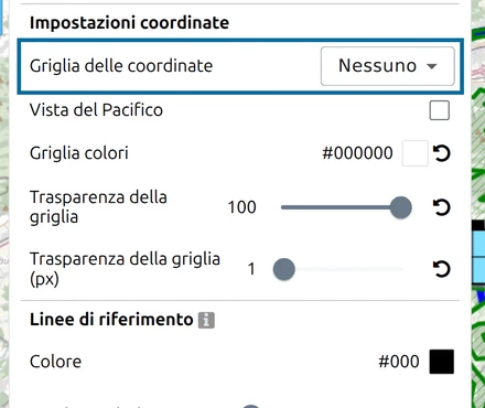 'Griglia delle coordinate' evidenziata sotto 'Impostazioni coordinate' nel pannello Opzioni di map.army