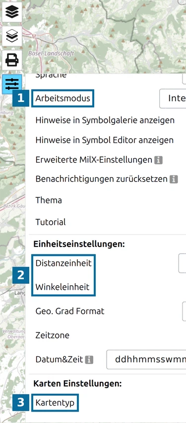'Arbeitsmodus', 'Einheitseinstellungen' und 'Kartentyp' im map.army-Optionsbereich hervorgehoben