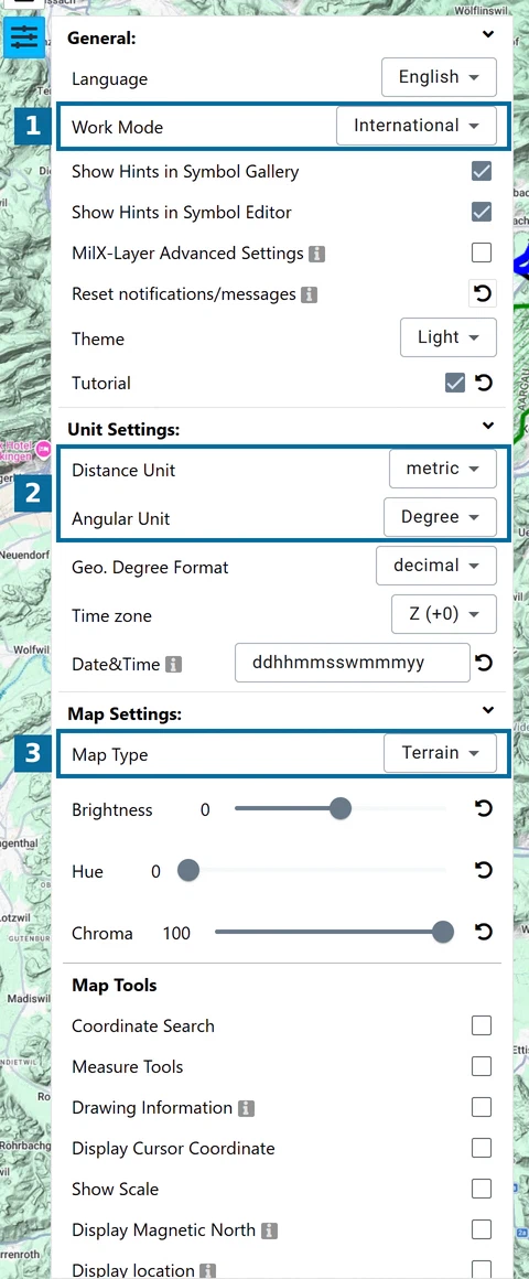 'Work Mode', 'Unit Settings' and 'Map Type' highlighted in the map.army Options panel