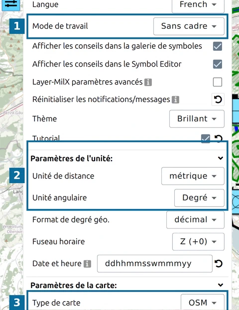 'Mode de travail', 'Paramètres de l'unité' et 'Type de carte' mis en évidence dans Options