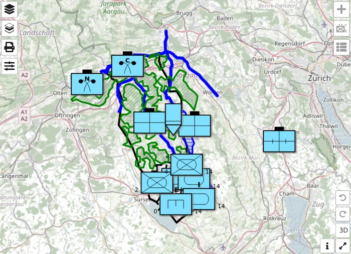 Finished map.army exercise map with unit and installation symbols placed across the area of operations