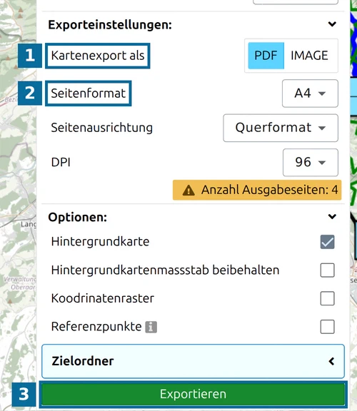 'Kartenexport als', 'Seitenformat' und die Schaltfläche 'Exportieren' im map.army-Exportbereich
