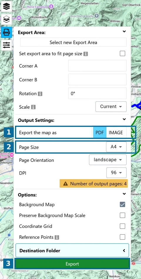 'Export the map as', 'Page Size' and the 'Export' button in the map.army export panel