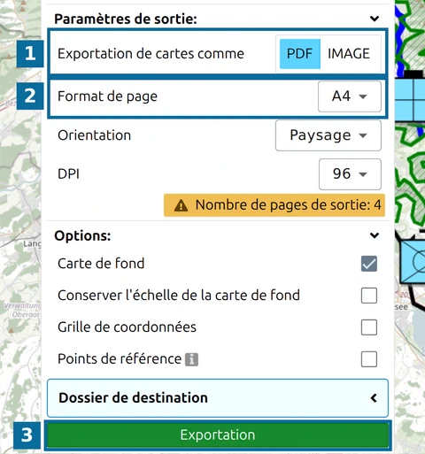 'Exporter la carte en tant que', 'Format de page' et le bouton 'Exportation'