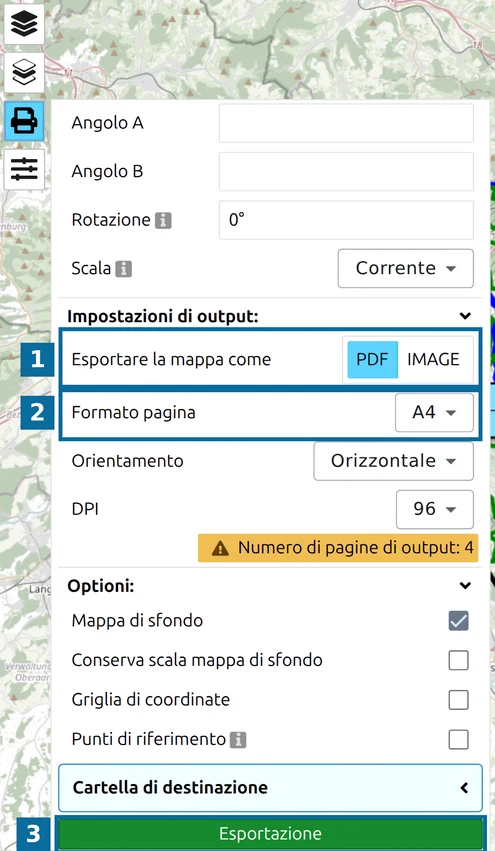 'Esportare la mappa come', 'Formato pagina' e il pulsante 'Esporta' nel pannello di export di map.army