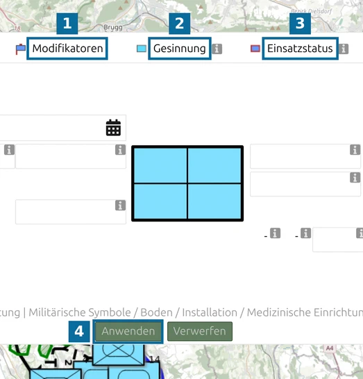 Reiter 'Modifikatoren', 'Gesinnung' und 'Einsatzstatus' im MSS-Symbol-Editor