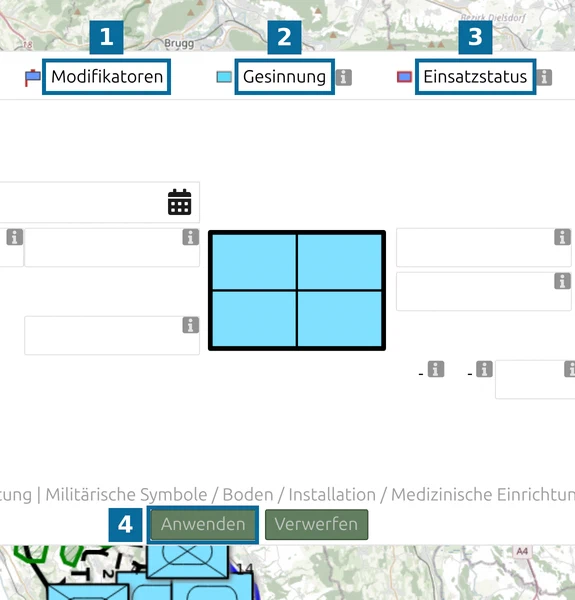 Reiter 'Modifikatoren', 'Gesinnung', 'Einsatzstatus' und 'Anwenden' im MSS-Symbol-Editor