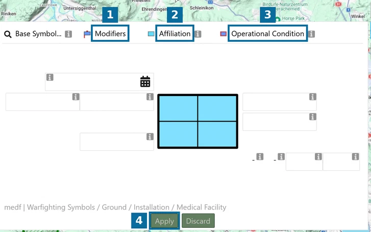 'Modifiers', 'Affiliation' and 'Operational Condition' tabs in the MSS Symbol Editor