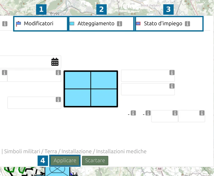 Schede 'Modificatori', 'Atteggiamento', 'Stato d'impiego' e pulsante 'Applicare' nell'MSS Symbol Editor