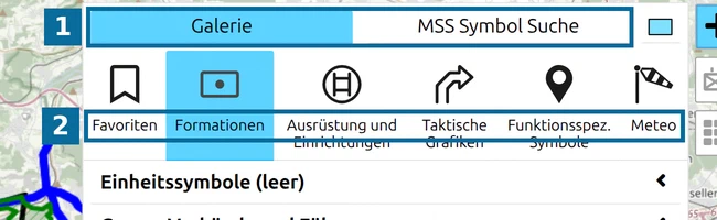 Reiter 'MSS-Symbolsuche' und eine aufgeklappte Kategorie in der map.army-Symbolgalerie