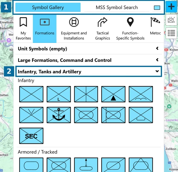 'MSS Symbol Search' tab and an expanded category in the map.army Symbol Gallery