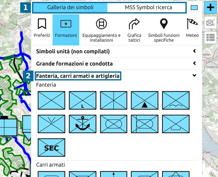 Scheda 'Ricerca simboli MSS' e una categoria espansa nella Galleria dei simboli di map.army