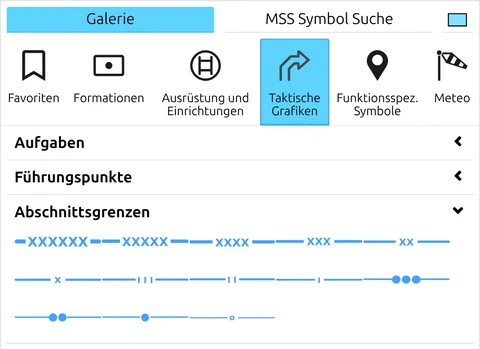 Reiter 'Taktische Grafiken' aufgeklappt bis zu den Liniensymbolen 'Abschnittsgrenzen' in der map.army Symbolgalerie
