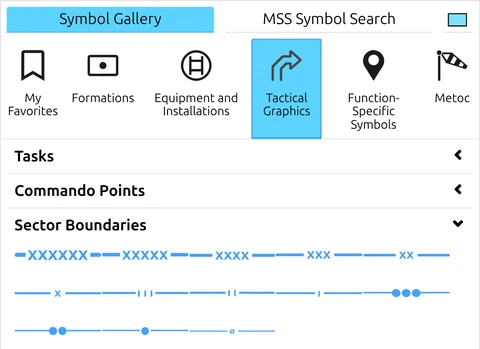 'Tactical Graphics' tab expanded to 'Sector Boundaries' line symbols in the map.army Symbol Gallery
