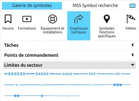 Onglet 'Graphiques tactiques' déplié sur les symboles de ligne 'Limites du secteur' dans la Galerie de symboles map.army