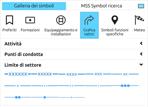 Scheda 'Grafica tattici' espansa sui simboli lineari 'Limite di settore' nella Galleria dei simboli di map.army