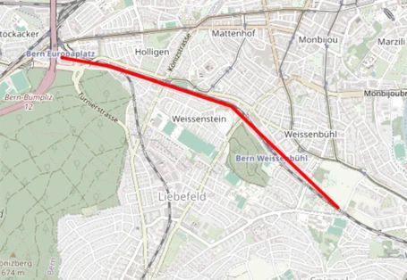 Freihand entlang einer Strasse gezeichnete Linie auf der map.army-Karte, auf wenige Stützpunkte vereinfacht