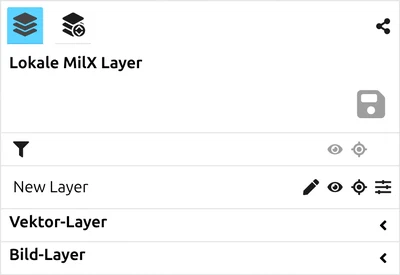 Das Panel 'Lokale MilX Layer' in map.army mit einem MilX-Layer und seinen Sichtbarkeits- und Einstellungssymbolen