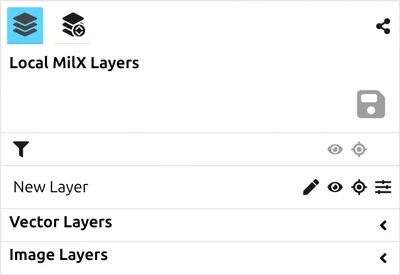 The 'Local MilX Layers' panel in map.army, with the eye-shaped visibility toggle next to each layer