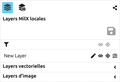 Le panneau « Layers MilX locaux » dans map.army, avec un calque MilX et ses icônes de visibilité et de réglages