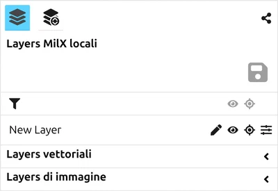Il pannello «Layers MilX locali» in map.army, con un livello MilX e le relative icone di visibilità e impostazioni
