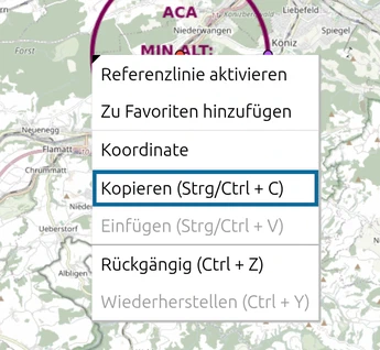 Ausgewählter Reichweitenring in map.army mit geöffnetem Rechtsklick-Menü, 'Kopieren (Strg/Ctrl + C)' markiert